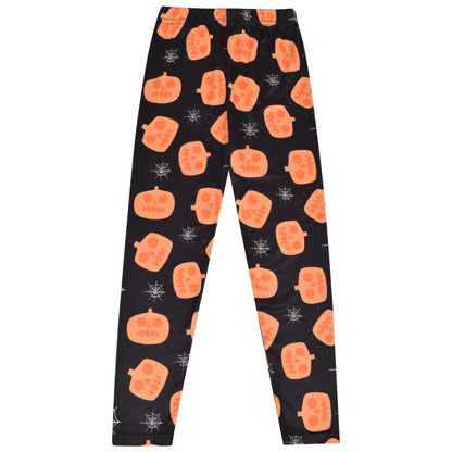Kids black leggings with orange jack-o’-lantern faces and spiderweb accents