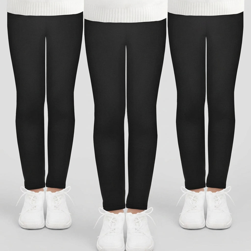 Three views of a person wearing black leggings with white sneakers, cropped from the waist down on a plain white background.