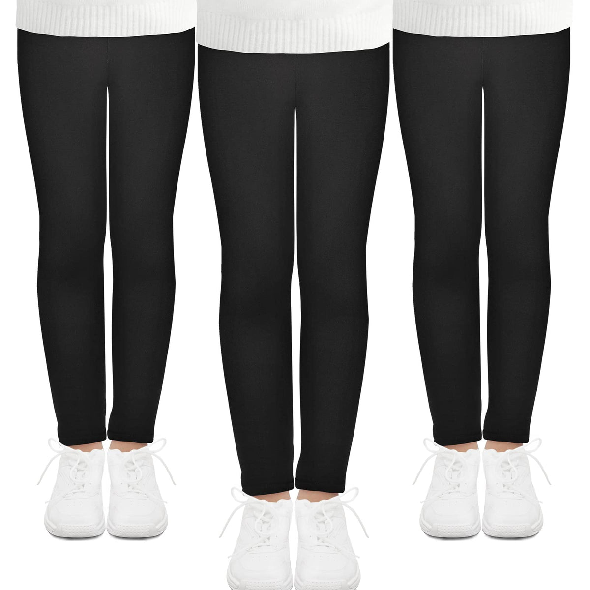 Girls full-length leggings 3-pack, black with ribbed elastic waistband and ankle cuffs