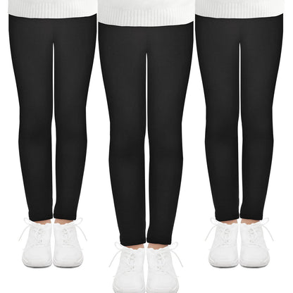 Girls full-length leggings 3-pack, black with ribbed elastic waistband and ankle cuffs