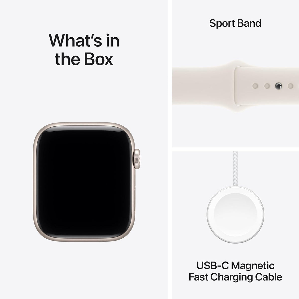 Apple Watch SE 3 GPS smartwatch box contents: smartwatch with white band and USB-C fast cable