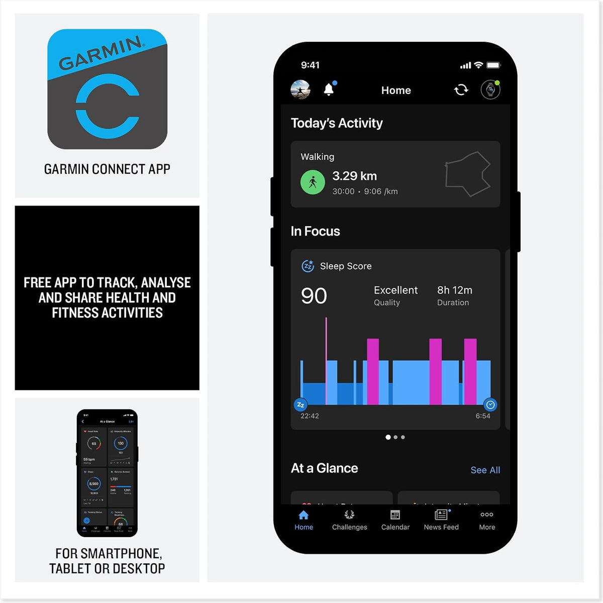 Garmin Connect app screen on smartphone showing activity and sleep charts