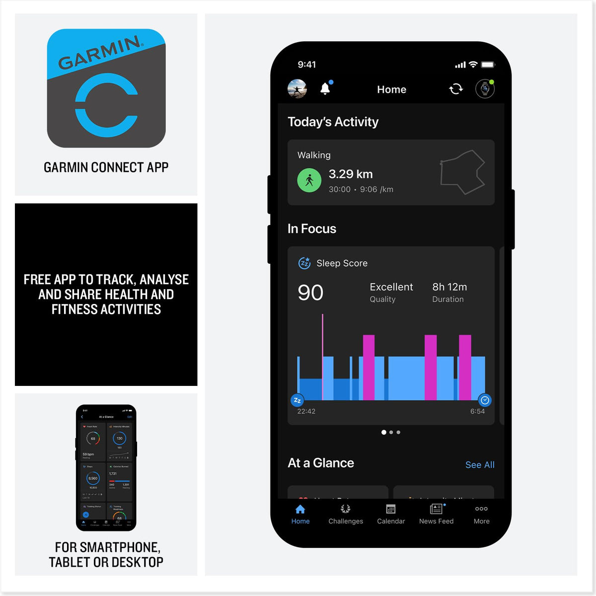 Garmin Connect app showing activity and sleep data for GPS fitness smartwatch