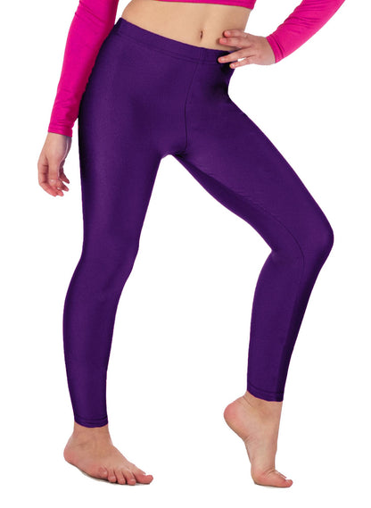 Girls shiny stretch leggings, purple, full-length snug fit with flat ankle hems