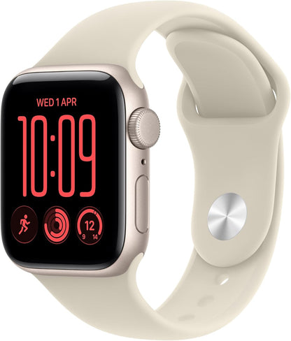 Apple Watch SE GPS smartwatch with starlight band; black screen shows 10:09