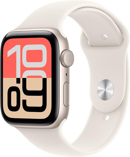Apple Watch SE 3 smartwatch with starlight band and side button detail on the watch case