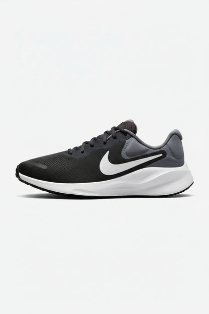 Pair of black and gray Nike running shoes on a white background