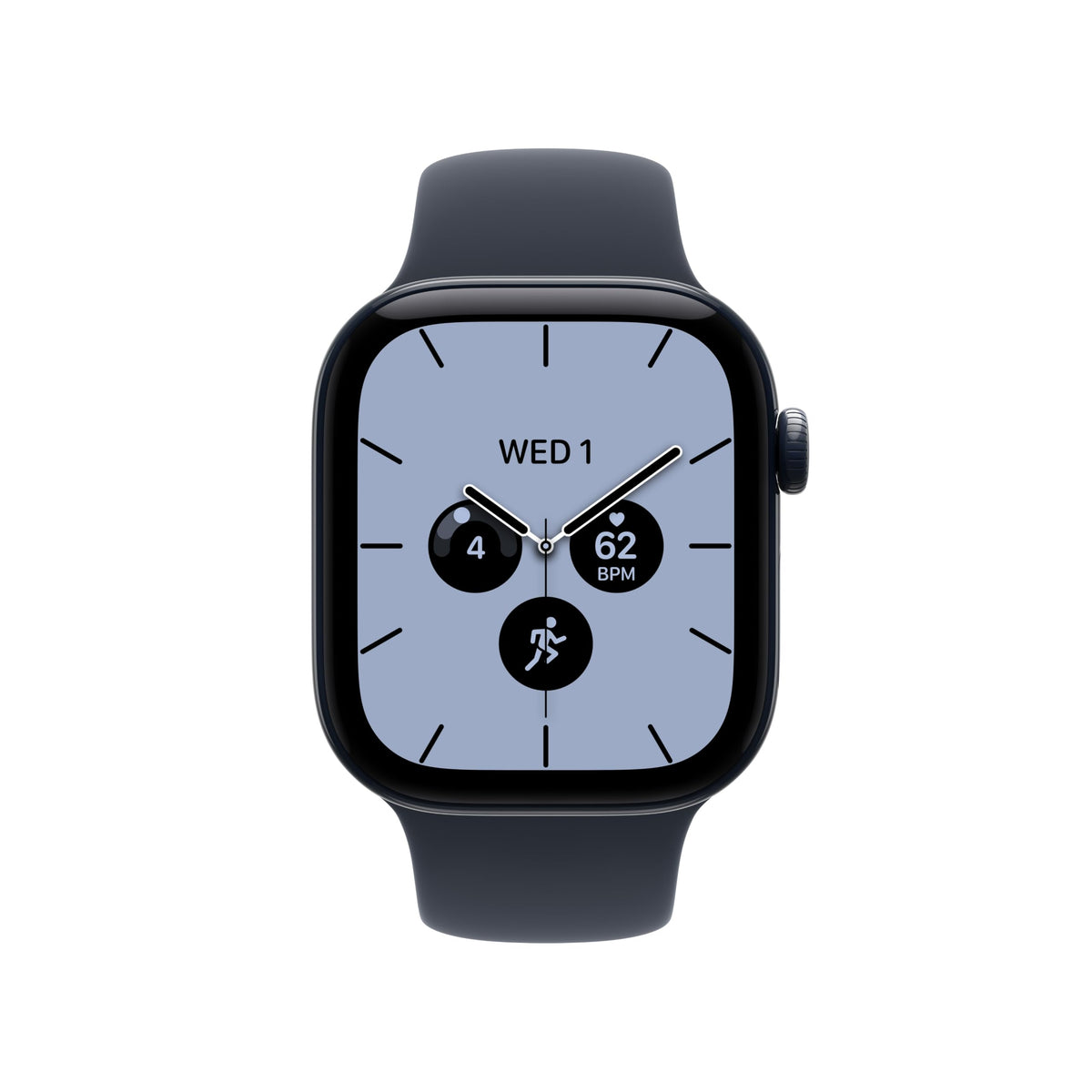 Smartwatch with blue clock face and dark sport band, side button visible