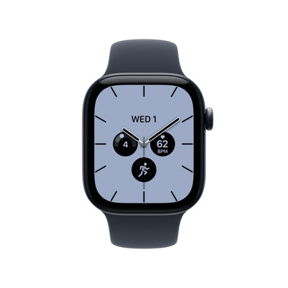 Smartwatch with blue clock face and dark sport band, side button visible