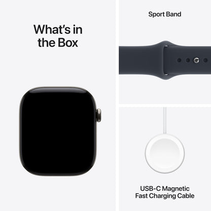 Smartwatch packaging showing blank watch, sport band, and USB-C magnetic fast charging cable.