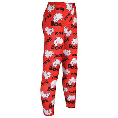 Red Halloween leggings with “Boo!” and ghost icon print, side view