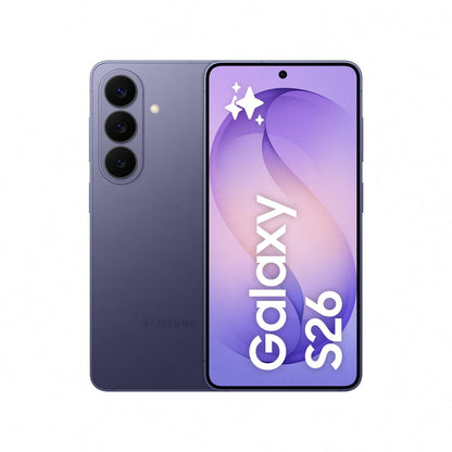Samsung Galaxy smartphone in violet with triple rear cameras and front display.