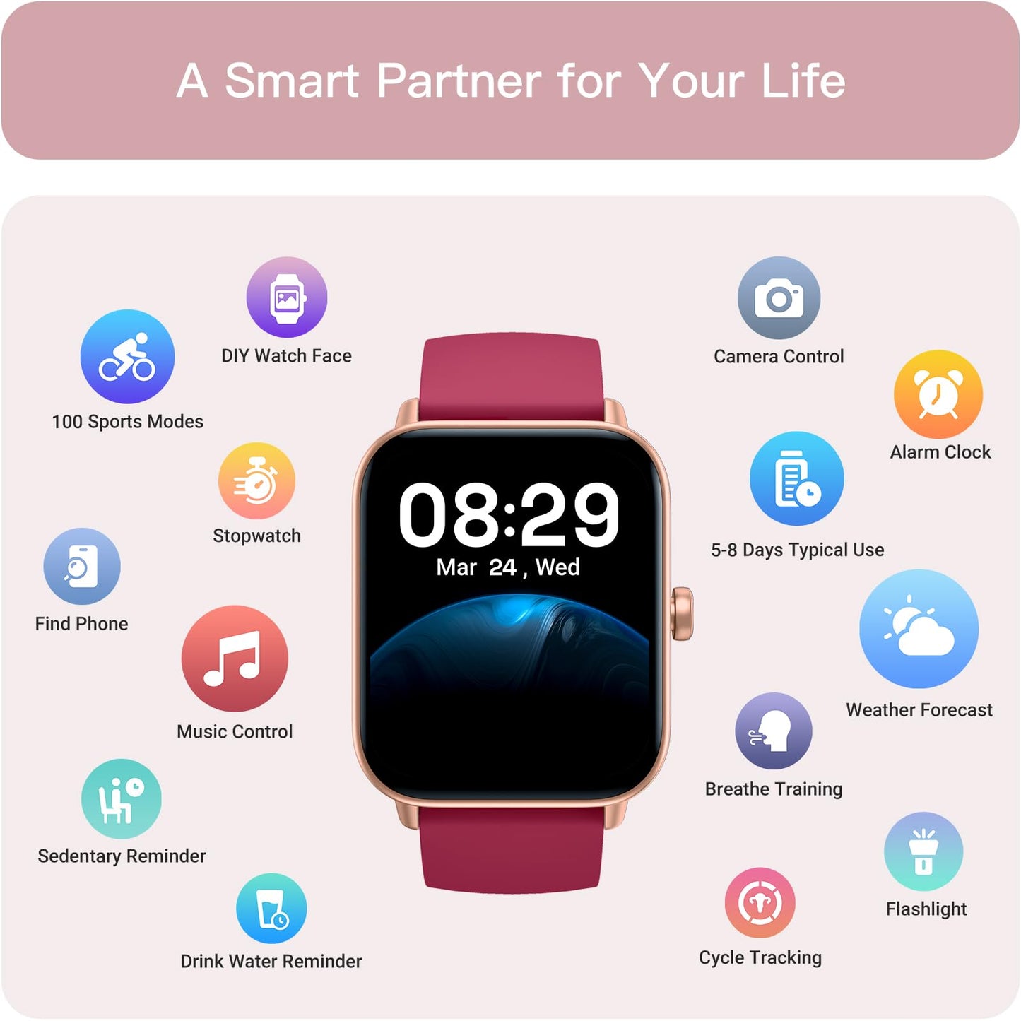 Gydom Smartwatch for Women with Phone Function and Integrated Alexa, 1.8 Inch Screen, Men’s Fitness Watch with 100+ Sports Modes, SpO2, Heart Rate, Stress, Sleep Monitor, 100 Watch Faces, IP68