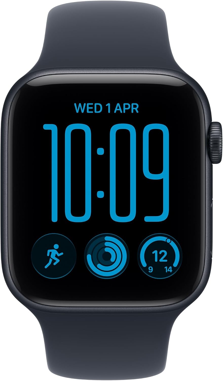 Dark smartwatch with blue digital time and activity icons, side button visible