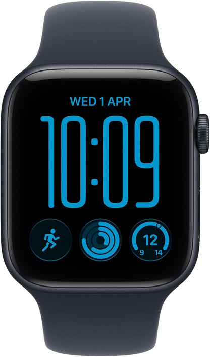Dark smartwatch with blue digital time and activity icons, side button visible