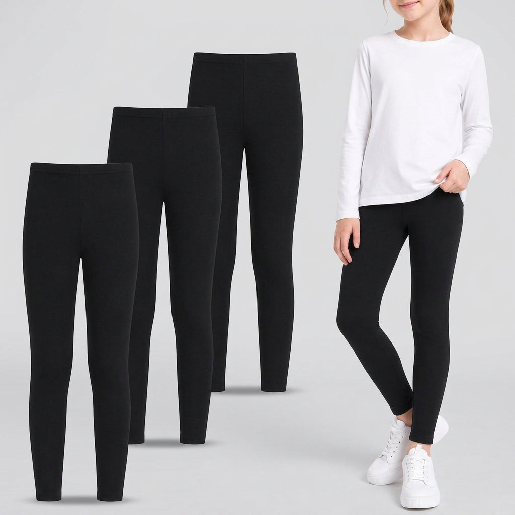 Three-pack girls black full-length leggings, stretchy knit with smooth seams