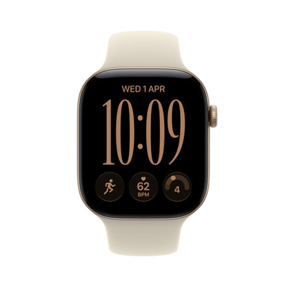 GPS smartwatch with light sand band, 10:09 watchface with activity rings and icons.