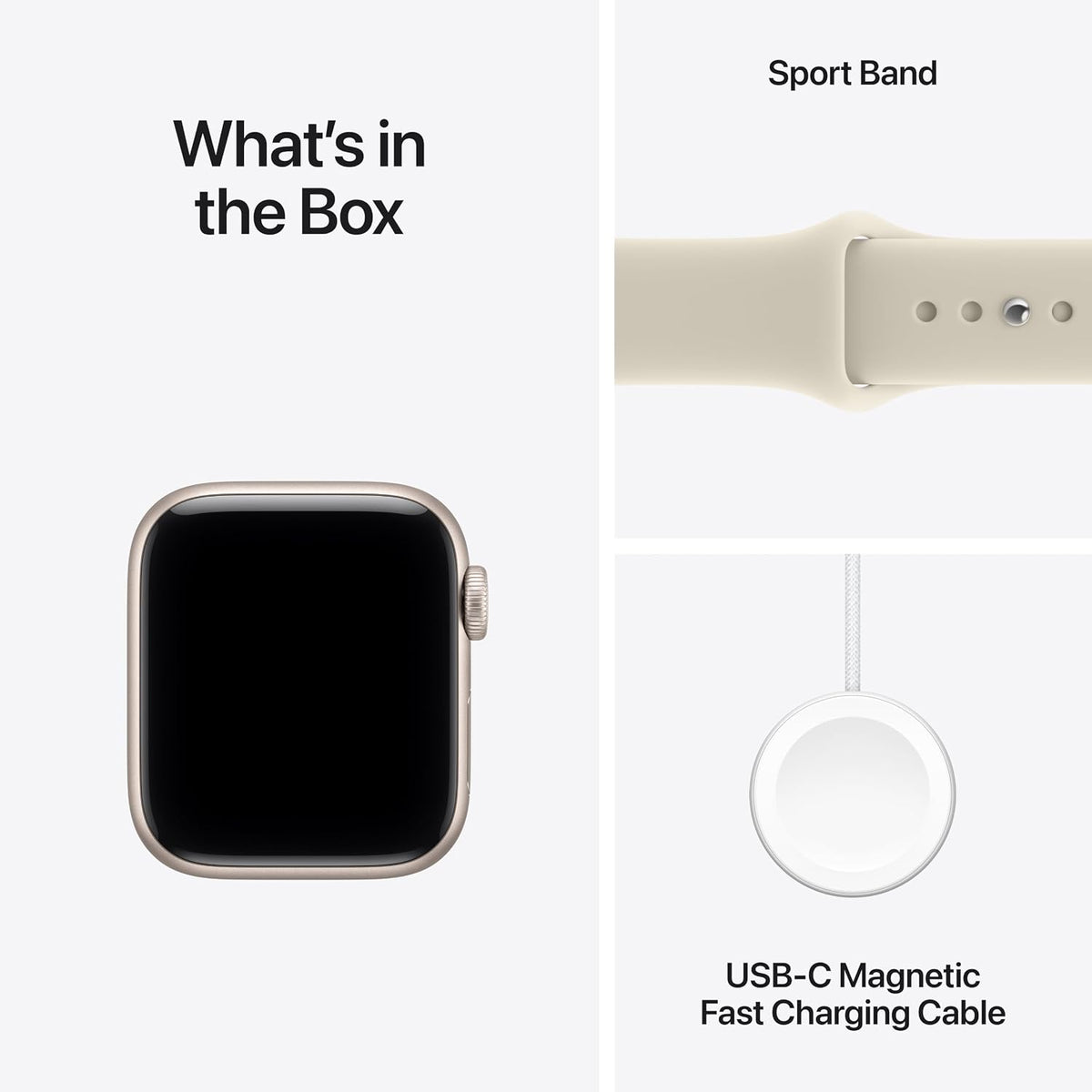 Starlight sport smartwatch with USB-C magnetic fast charging cable and band detail
