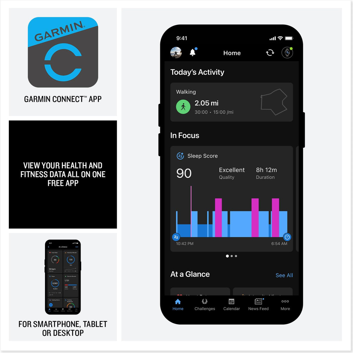 Garmin Connect app screenshots on smartphone for smartwatch activity tracking