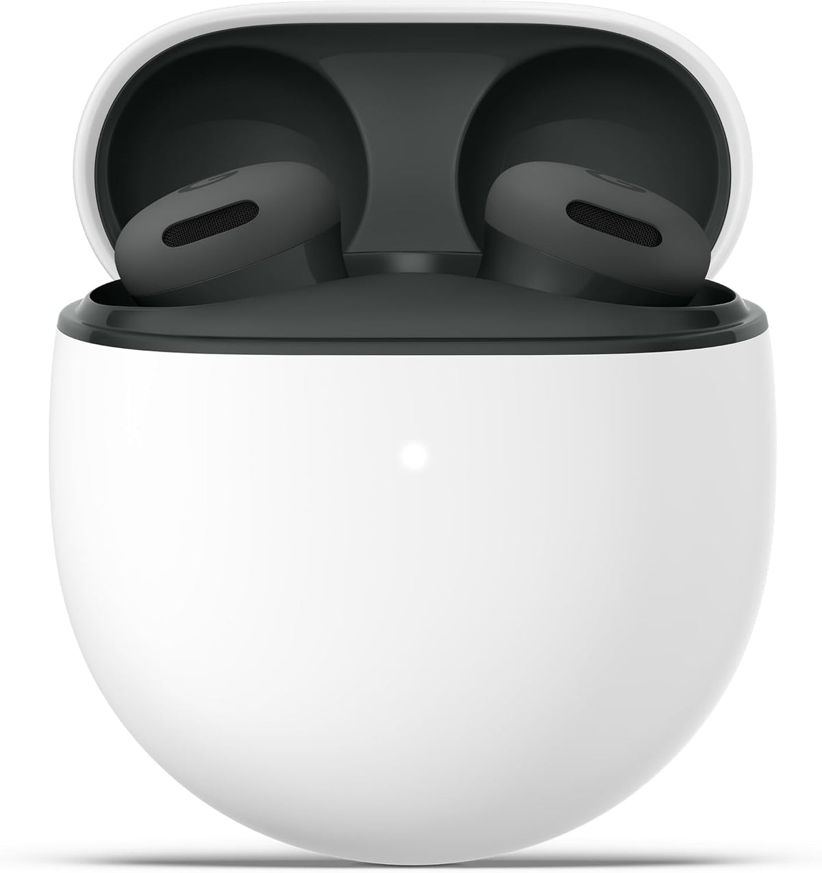 Wireless earbuds in open white charging case with two earbud stems visible