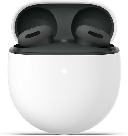 Black wireless earbuds in a white charging case