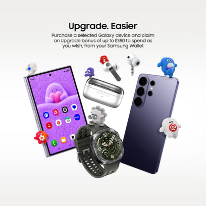 Smartphone bundle with purple and dark phones, earbuds, watch, and charging accessories