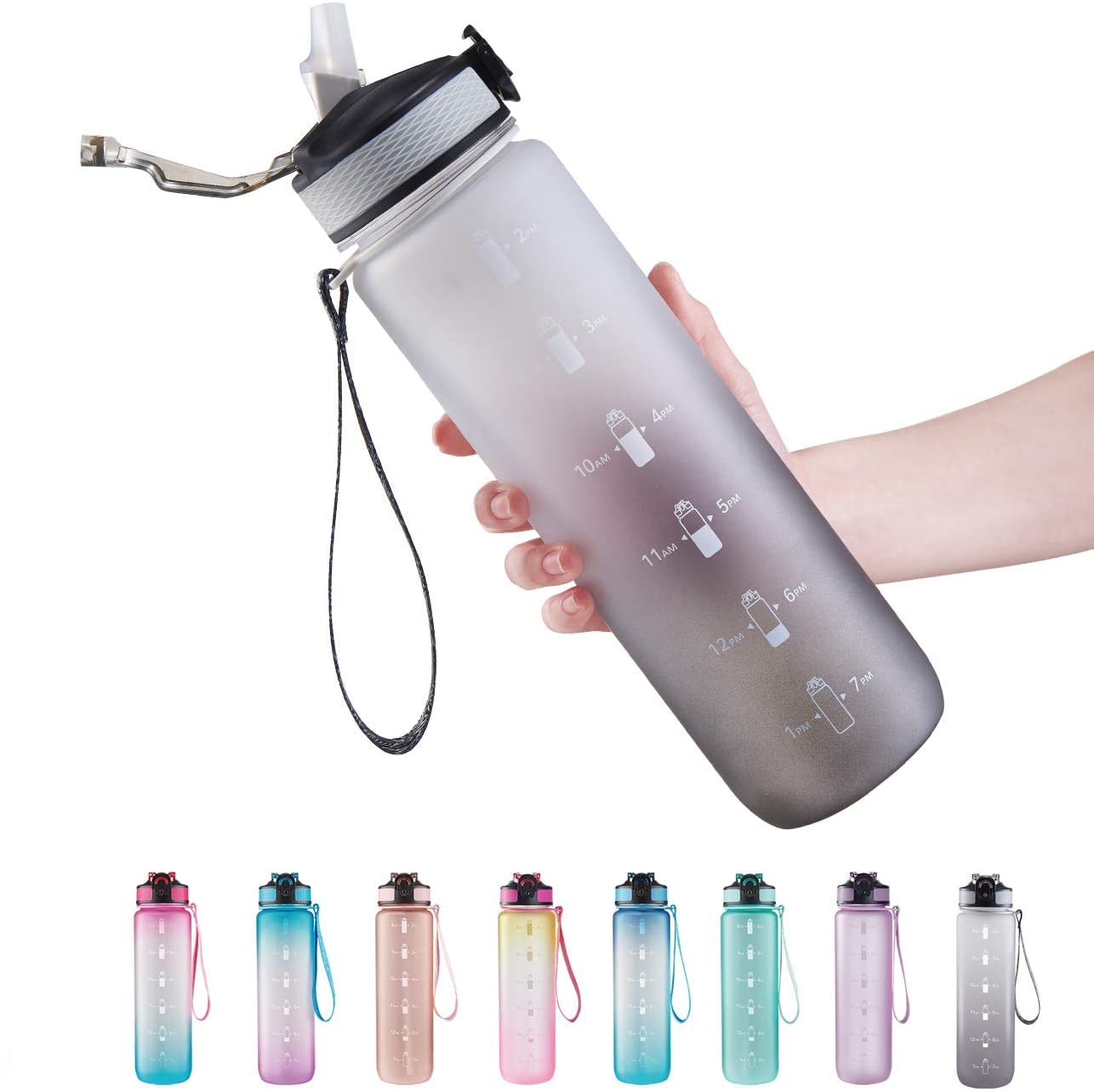 EYQ 1 L Water Bottle, 1 Litre Water bottle with Straw, Leak-Proof, Tritan BPA-Free, Motivational Water Bottle with Time Marker, Sports Drinks Bottle for Fitness, School, Gym, Outdoor Sports