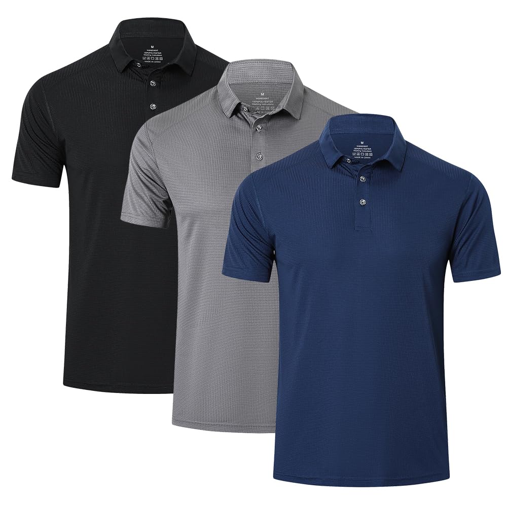 HUAKANG 3 Pack Mens Polo Shirts Short Sleeve Breathable Quick Dry Golf Polo Shirts Mens Running Sports Tee Top Gym Workout Polo T Shirts