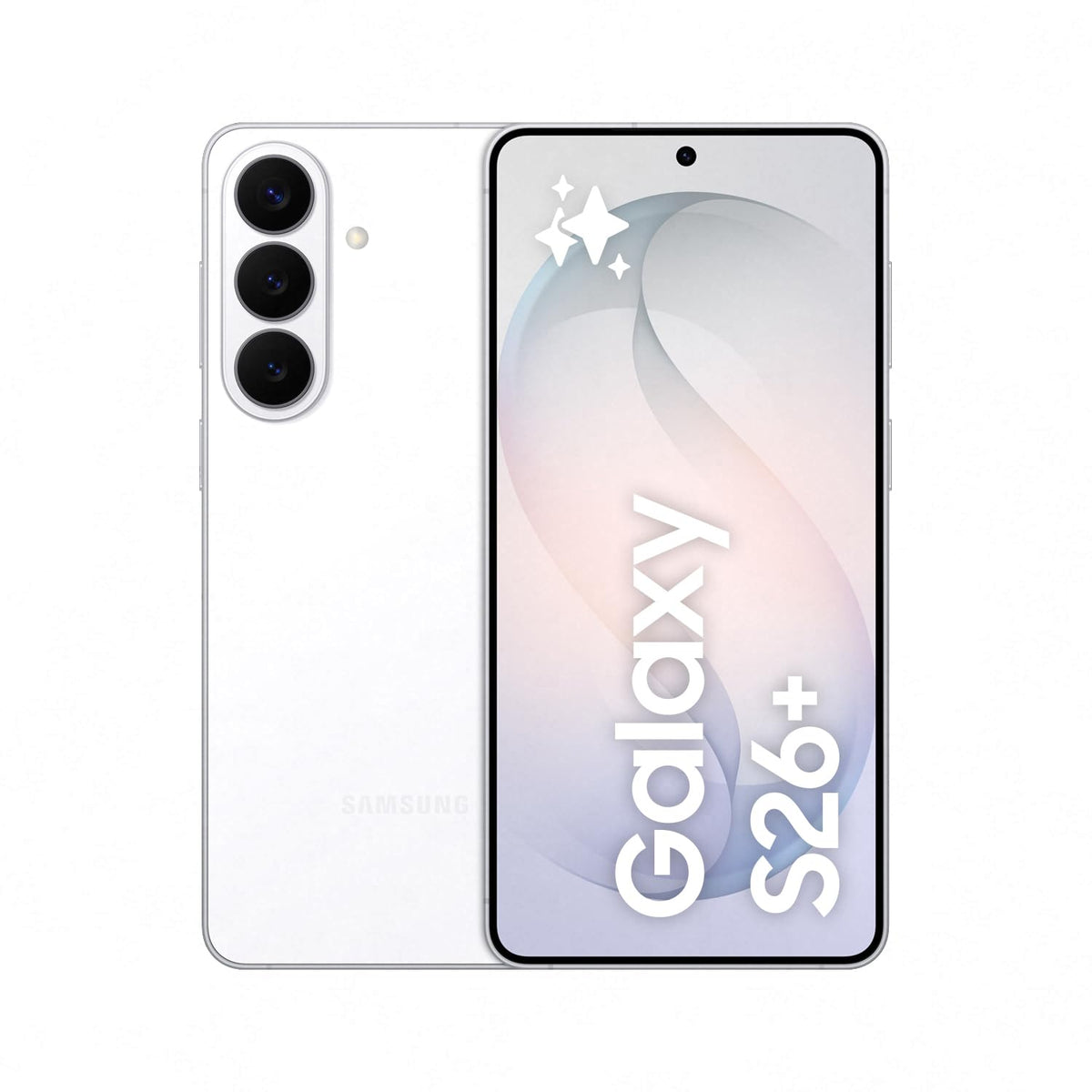 Samsung Galaxy smartphone in white with triple rear cameras and front display.