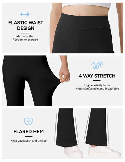 Girls' high-waisted flared leggings in black with elastic waist and flared hem