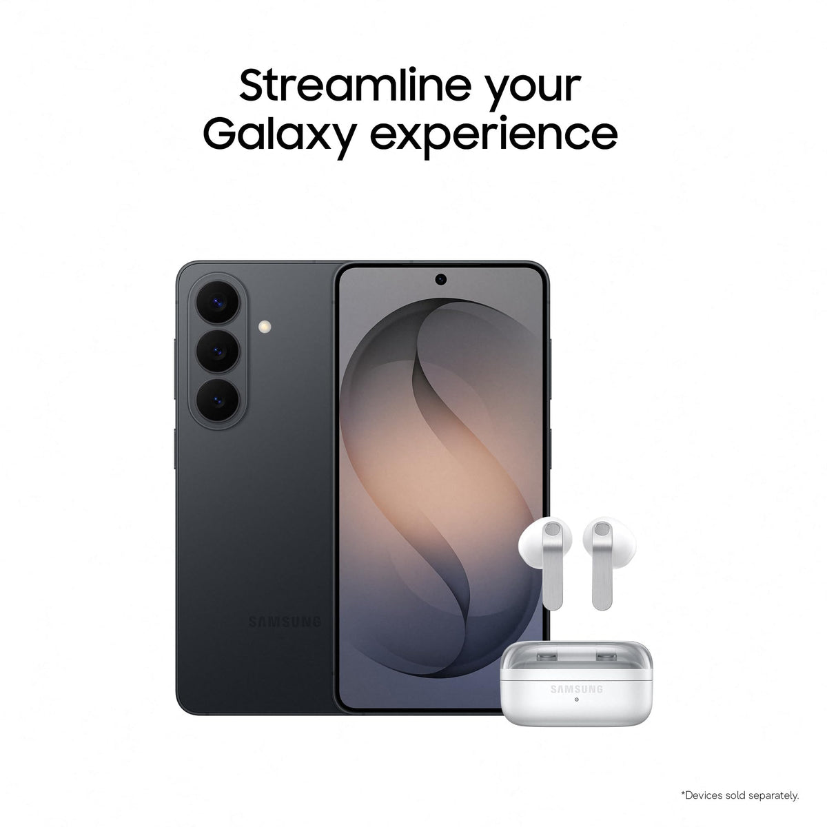 Dark smartphone with earbuds and charging case shown alongside the phone