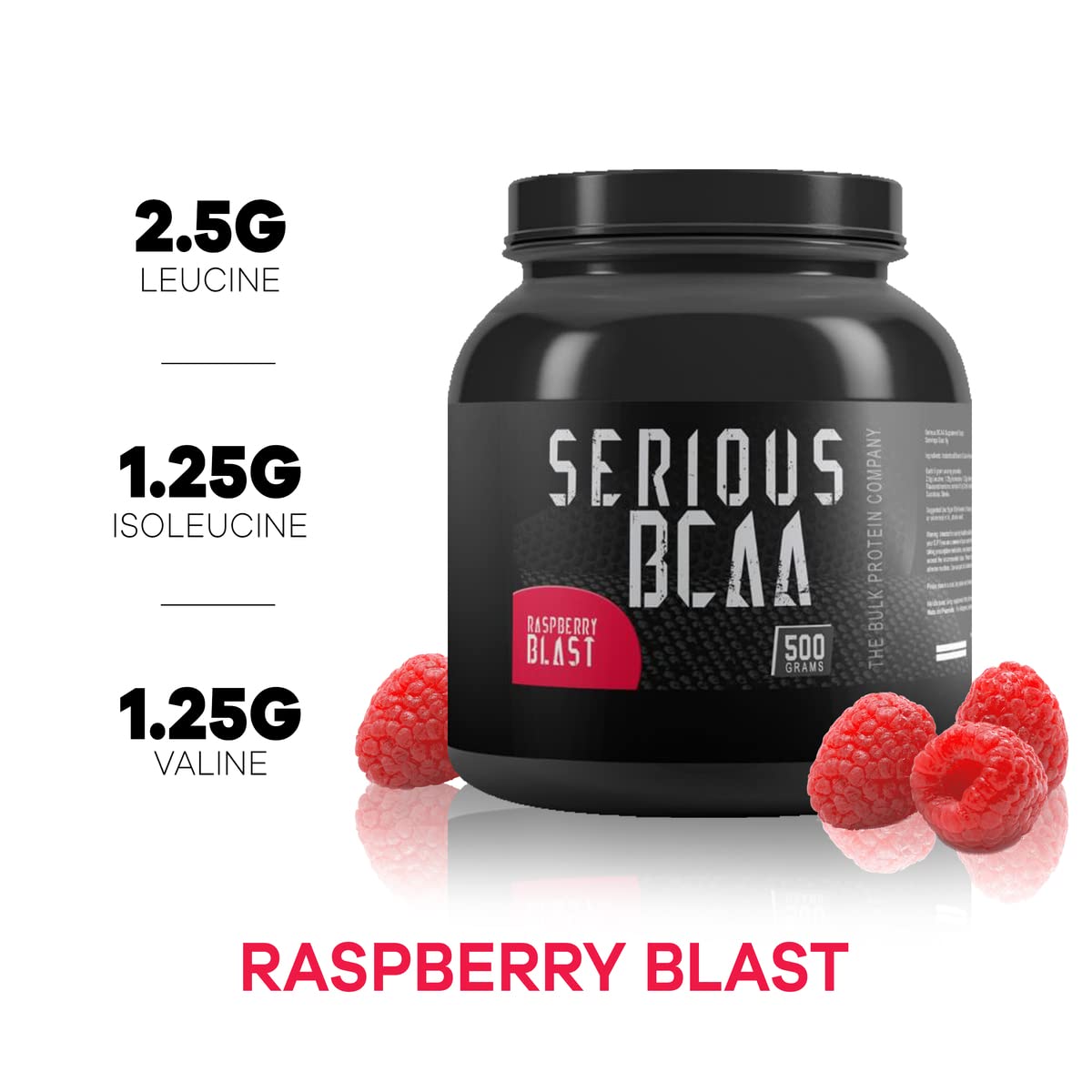 Serious BCAA Powder 500g, 100 Servings Pre Workout - Helps Build Muscle - The Bulk Protein Company (Raspberry Blast)