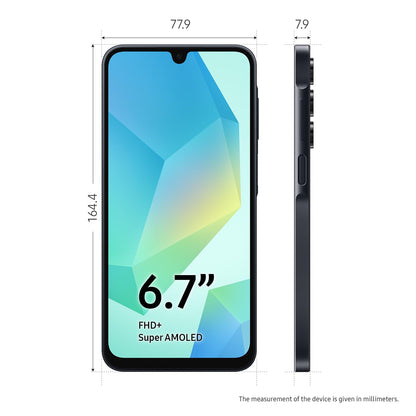 Samsung Galaxy A16 4G smartphone side profile with size measurement diagram