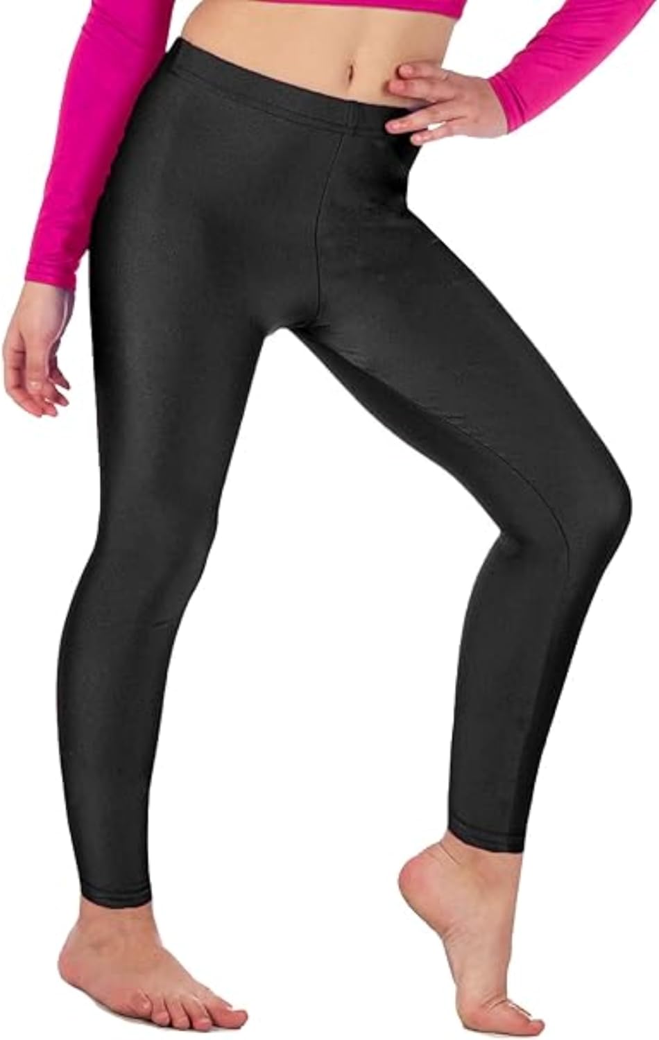 Girls shiny stretchy dance leggings, black, full-length with slim tapered legs
