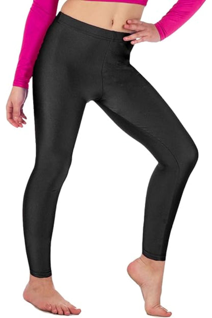 Girls shiny stretch dance leggings, black, full-length leggings on bare feet