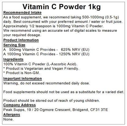 Vitamin C Powder 1Kg - Pure BP Grade | Packaging May Vary