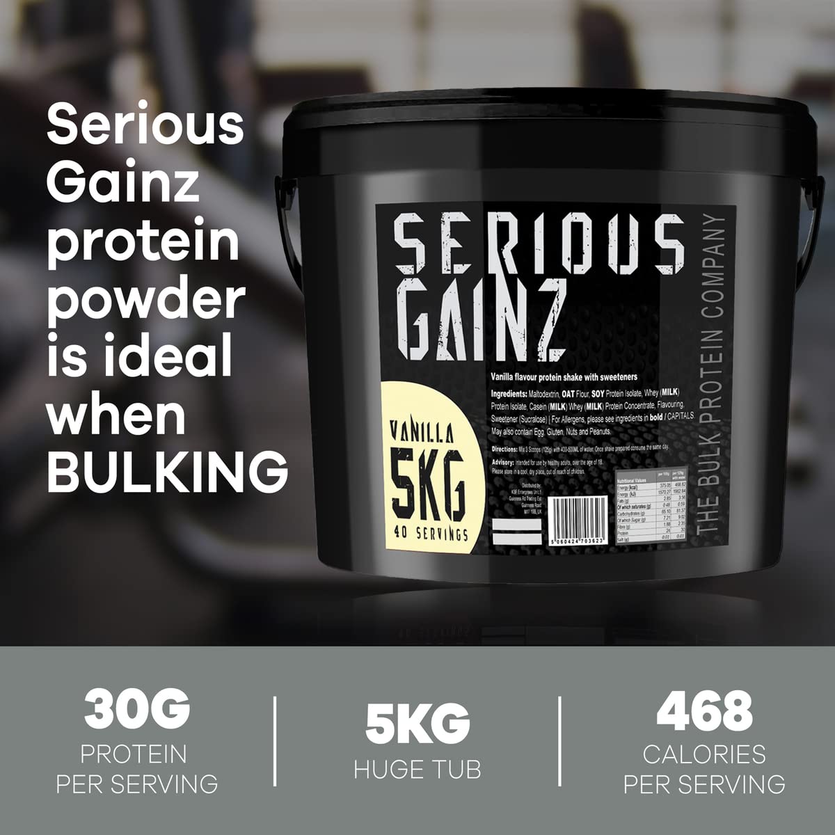 The Bulk Protein Company, SERIOUS GAINZ - Whey Protein Powder - Weight Gain, Mass Gainer - 30g Protein Powders (Strawberry, 5kg)