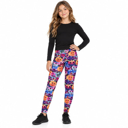 Kids Halloween leggings with colorful jack-o-lantern and skull pattern, elastic waist
