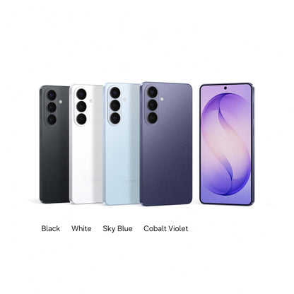 Set of Samsung Galaxy S26 smartphones in black, white, sky blue, and cobalt violet