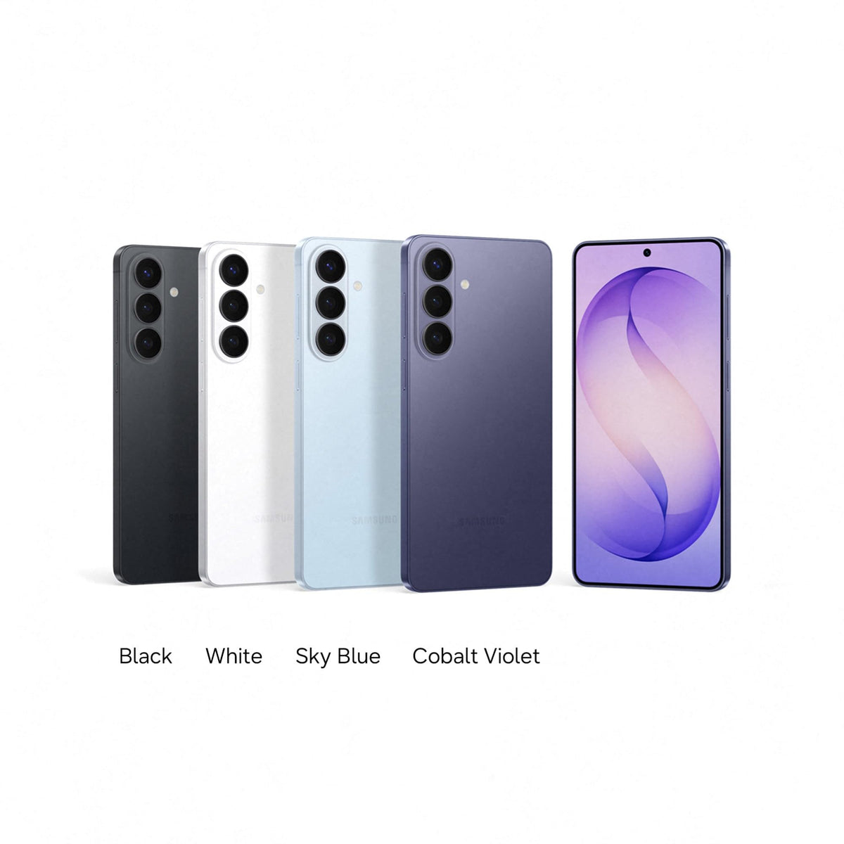 Samsung smartphones in multiple colors: black, white, sky blue, and cobalt violet