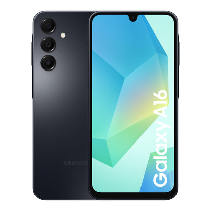 Samsung Galaxy A16 smartphone, blue black back and front with triple rear cameras.