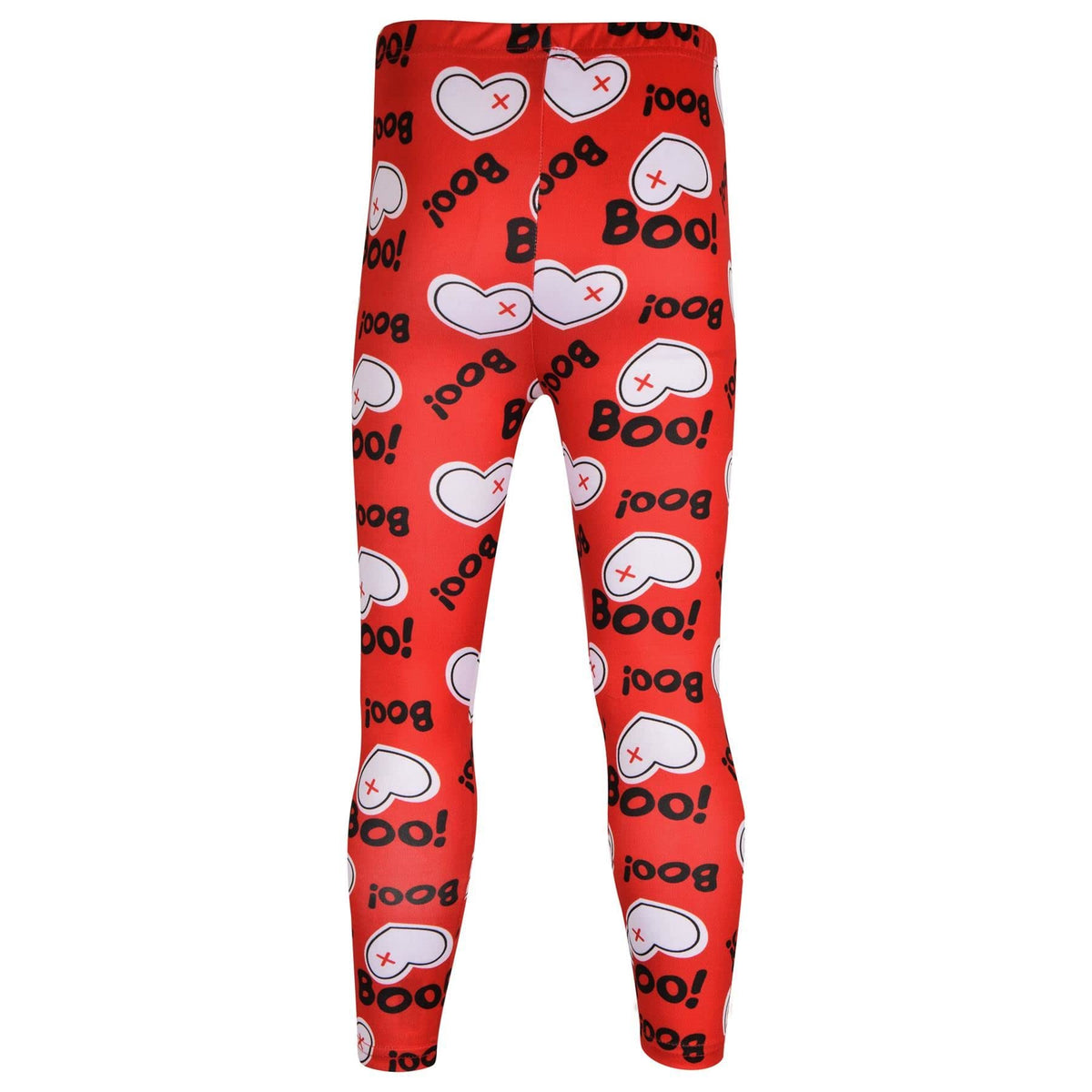 Red leggings with “Boo!” text and white ghost with X eyes pattern