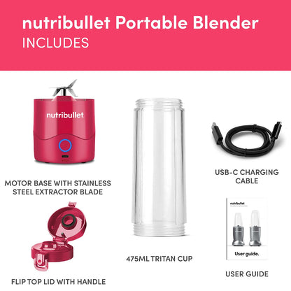 nutribullet Portable Blender in Black - Powerful Extractor Blade, 475ml Cup, To-Go Lid, USB-C Charging Cable & User Guide - Delivers 15+ Blending Cycles - Healthy Shakes On The Move