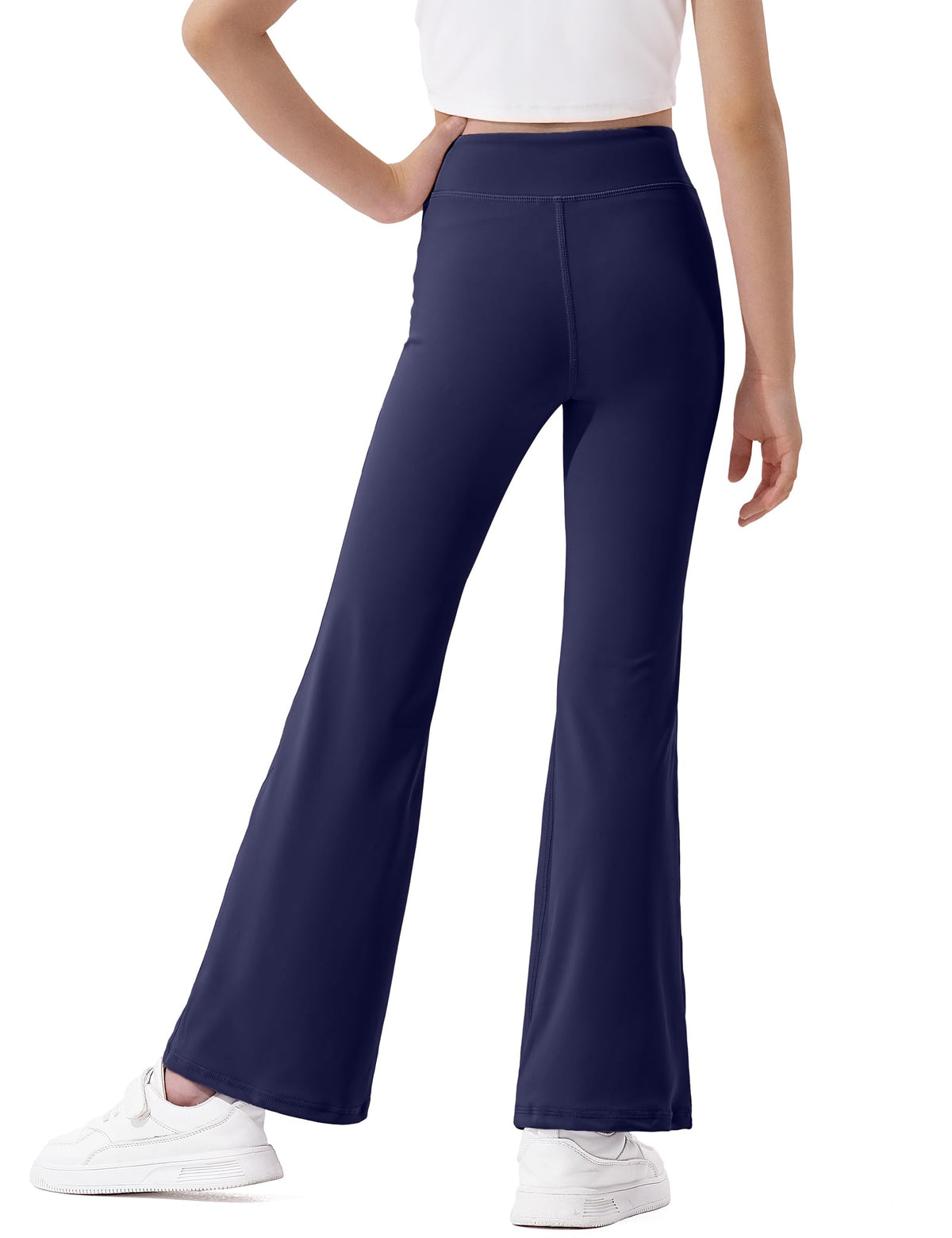 JOCMIC girls' high-waisted flared leggings in dark navy, wide bell-bottom legs