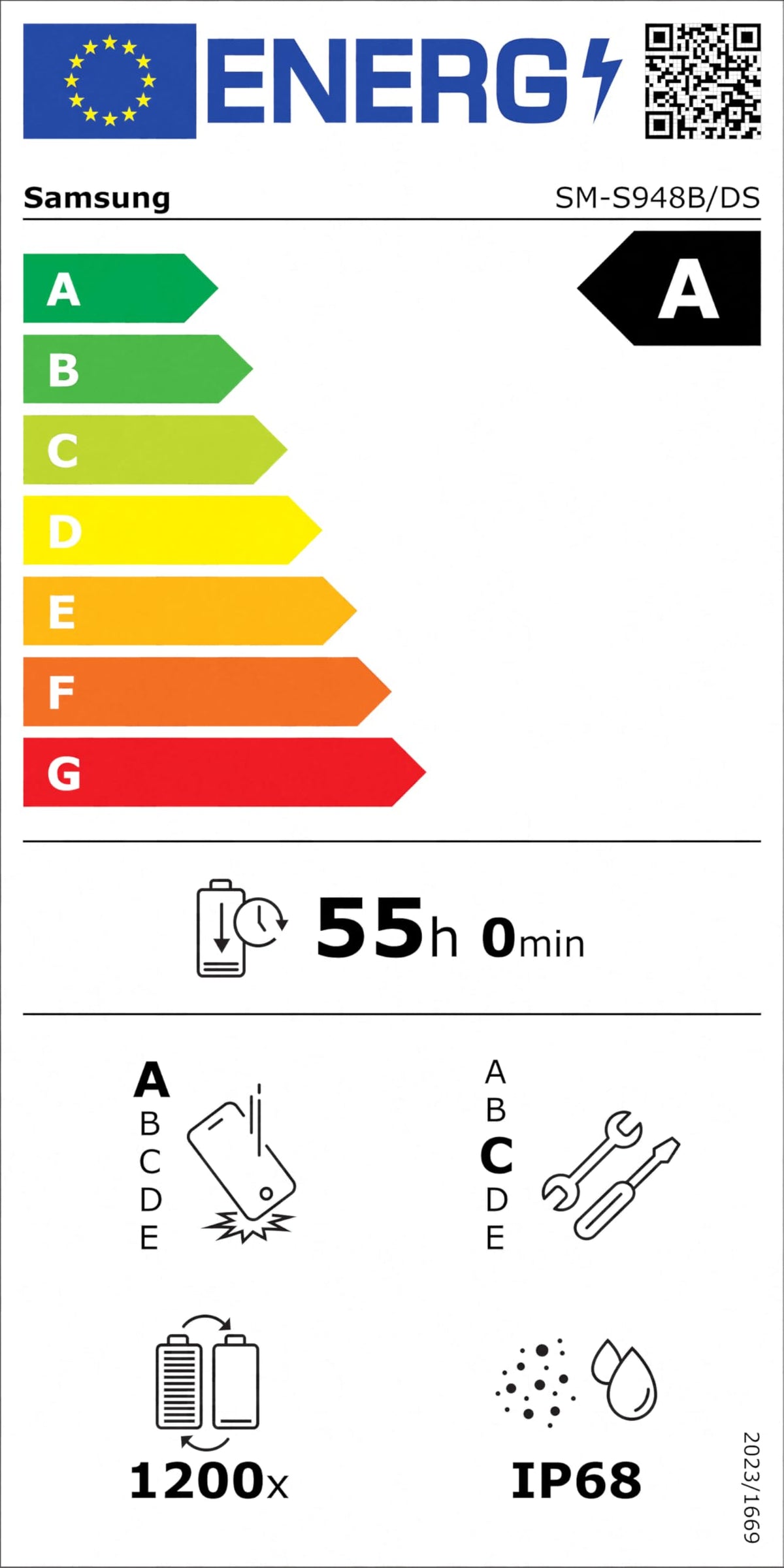 Energy efficiency label for Samsung Galaxy smartphone with IP68 rating
