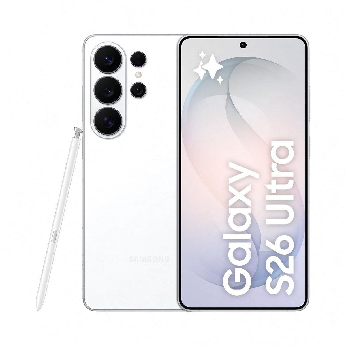 Samsung Galaxy smartphone in white with stylus, triple rear cameras, and front display.