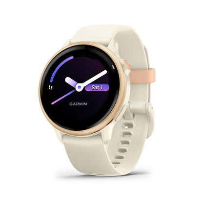Bone and Pink Dawn Garmin smartwatch with pastel straps and purple digital face