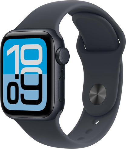 Apple Watch SE 3 smartwatch with midnight blue band and square screen with blue display