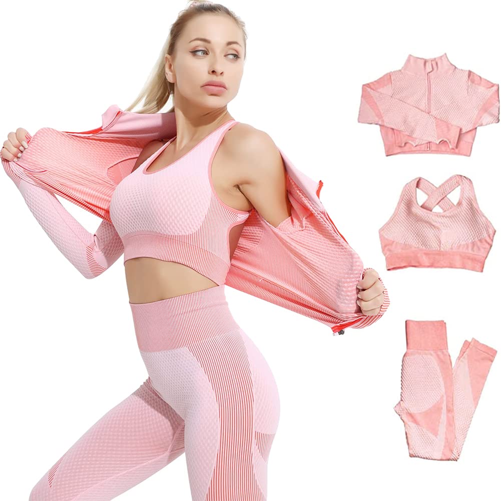 Veriliss Women's 3pcs Gym Tracksuit Sweatsuit Women's Activewear Sets 2024 Sport Yoga Fitness Clothing Ladies Workout Outfit Sportsuits for Running Jogging