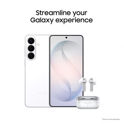 White Samsung smartphone with wireless earbuds and charging case